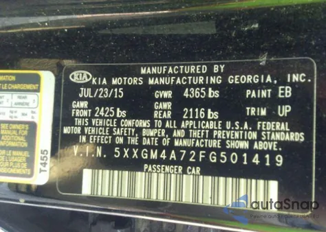 2015 Kia Optima Lx из США, поврежденный, VIN 5XXGM4A72FG501419